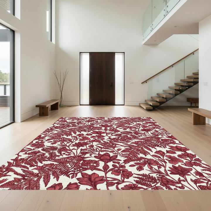 Dark Red Botanical Ferns and Flowers Rug