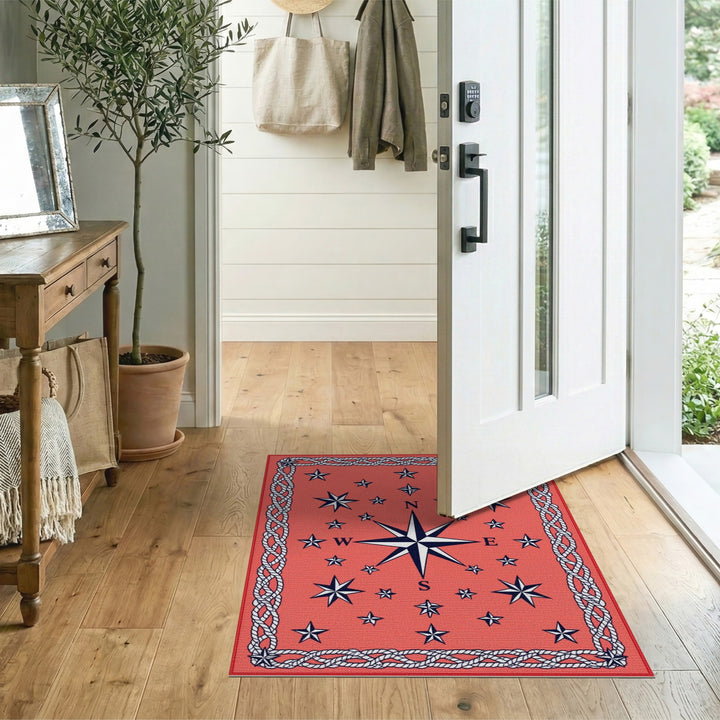 Red Nautical Compass Rope Border Area Rug