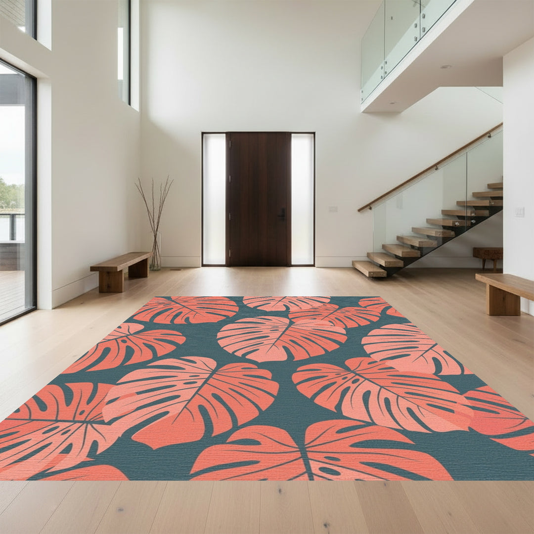 Coral Monstera Leaf Botanical Rug