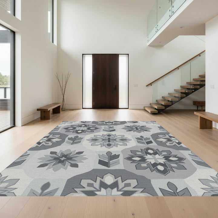 Monochromatic Geometric Floral Applique Rug