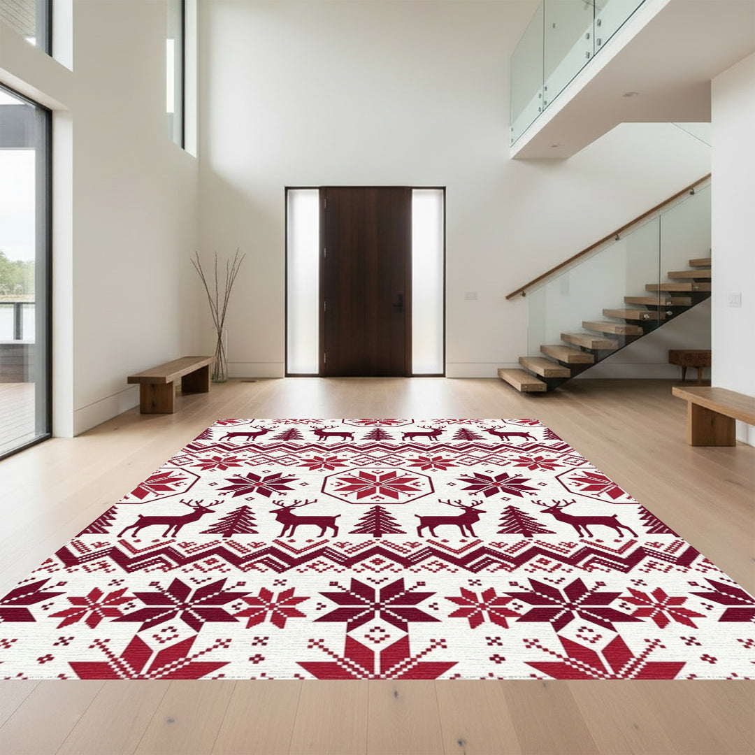Crimson Reindeer and Snowflakes Tapestry Rug