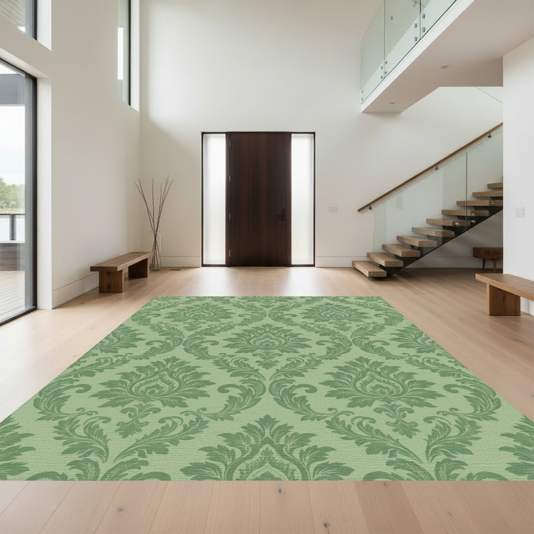 Forest Green Damask Scroll Rug
