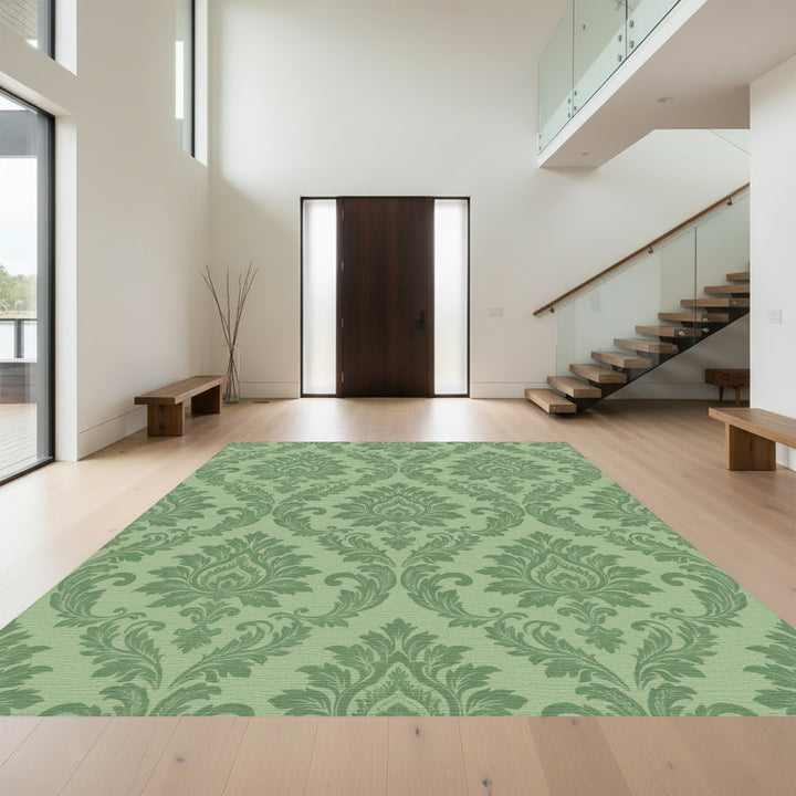 Forest Green Damask Scroll Rug