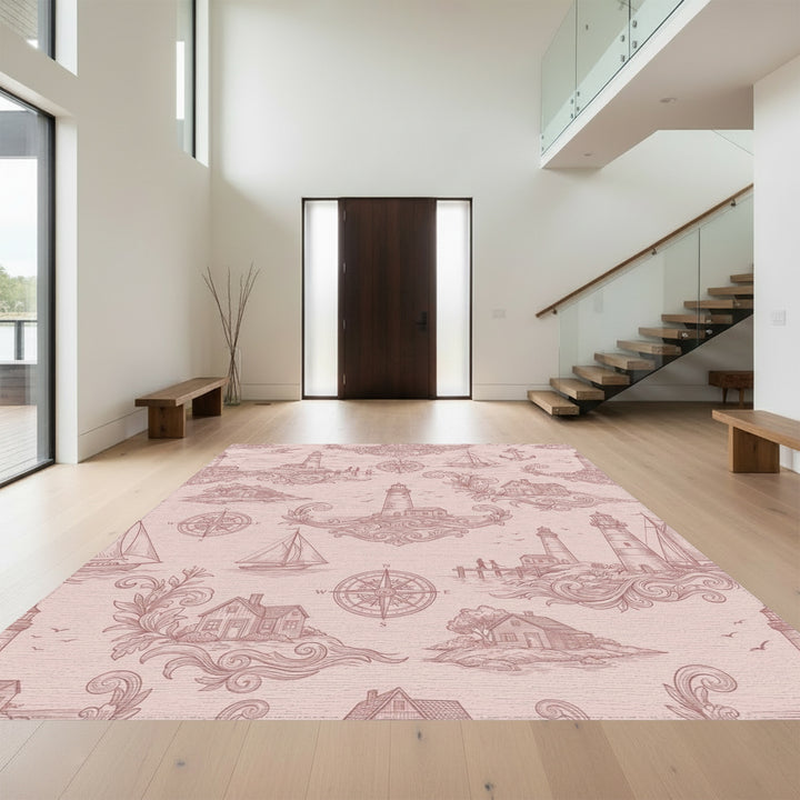 Nautical Theme Lighthouse Sailboat Compass Scene Rug