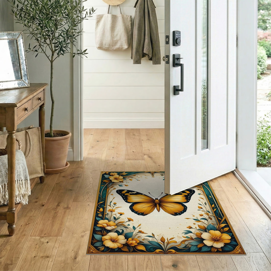 Yellow Butterfly Floral Vintage Area Rug