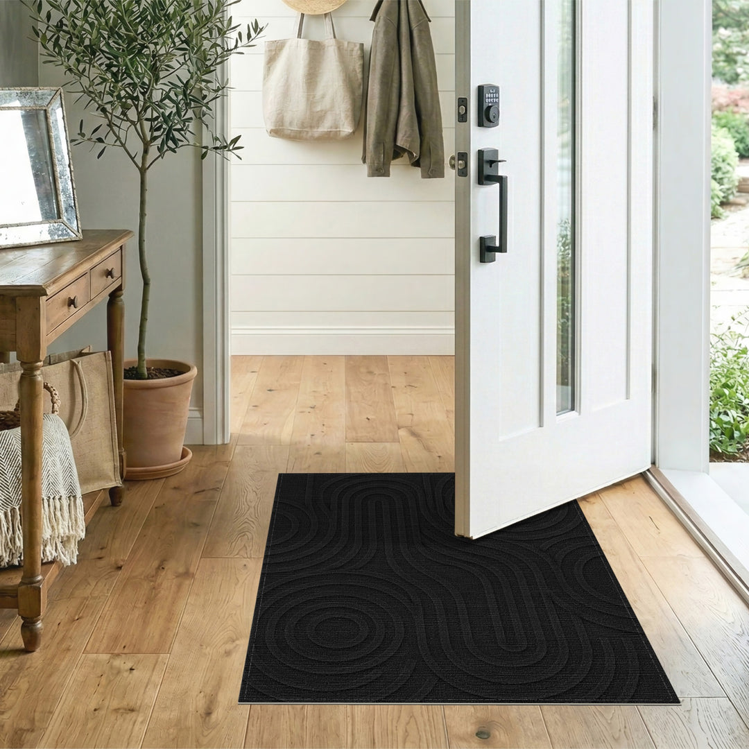 Black Layered Wave Geometric Area Rug
