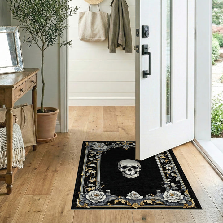 Black and White Black White Skull Rose Ornate Area Rug