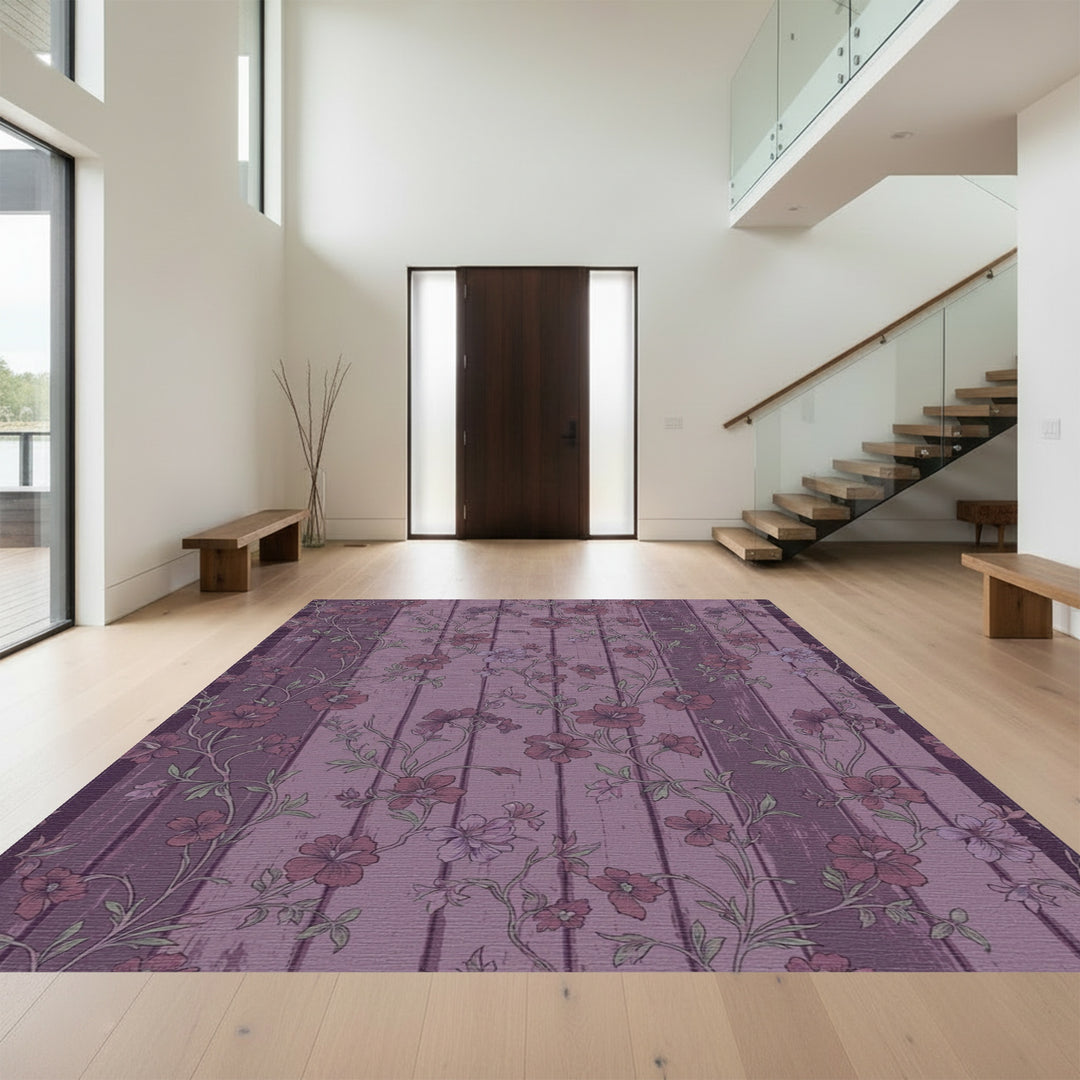 Mauve Floral Vine Wood Grain Rug