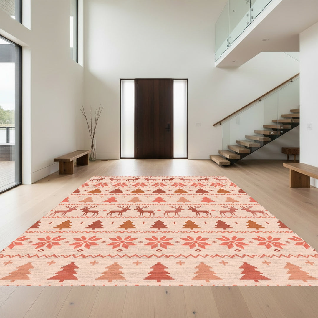 Earthy Tone Deer Pine Tree Snowflakes Rug