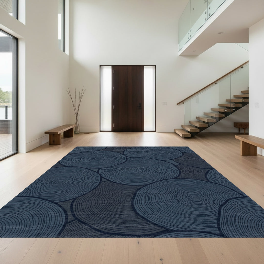 Deep Navy Wood Grain Circles Rug