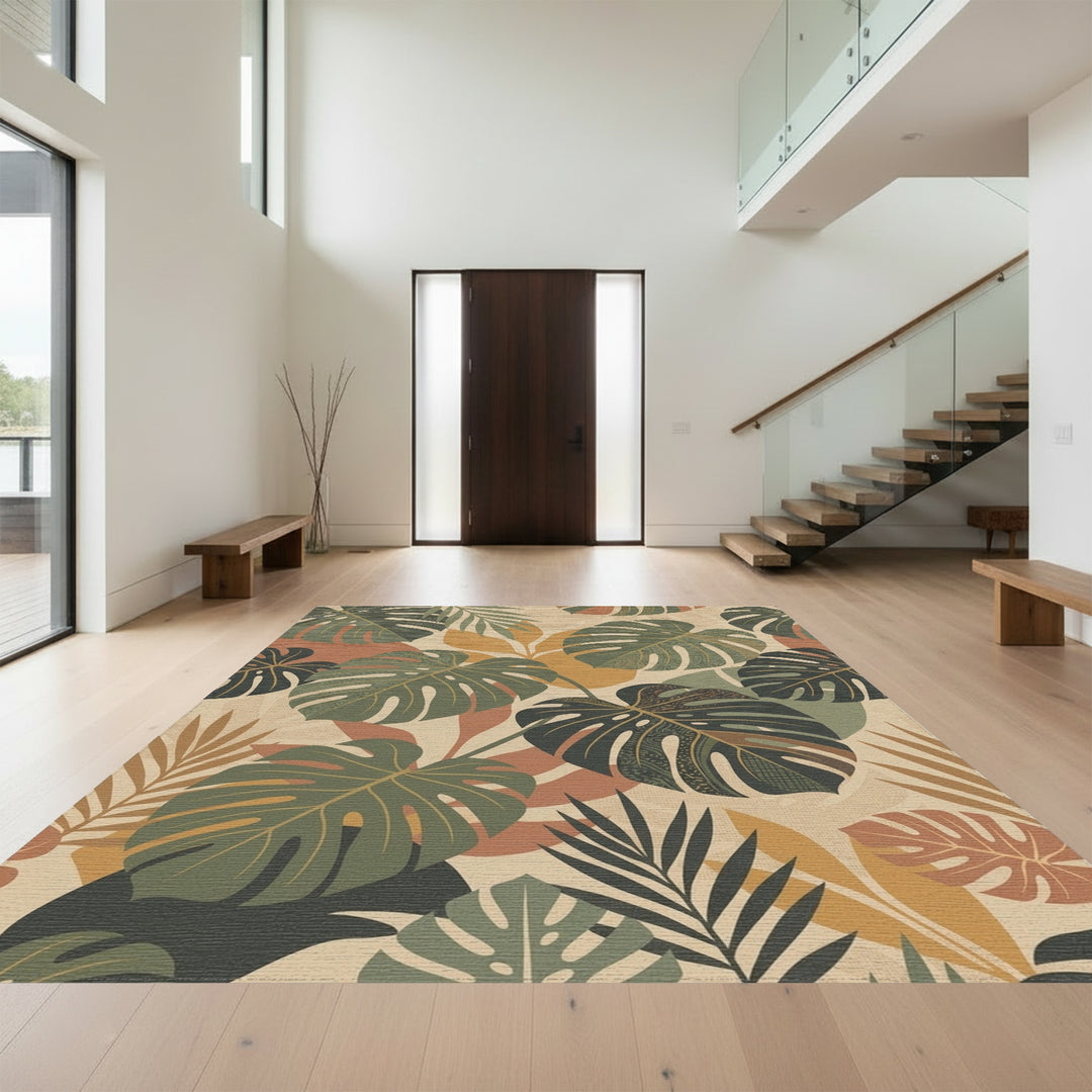 Earthy Monstera Leaf Tropical Collage Rug