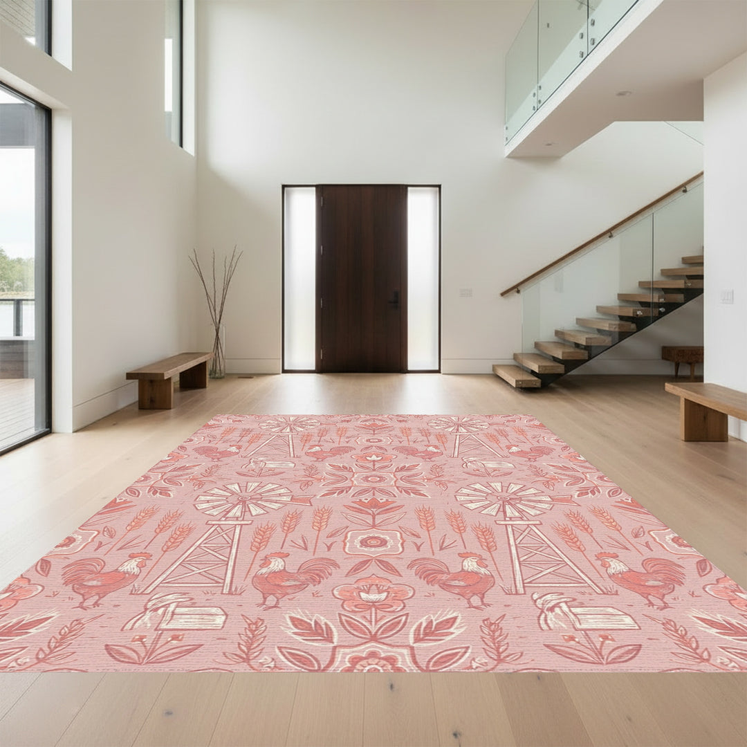 Farmhouse Pink Rooster Windmill Floral Rug
