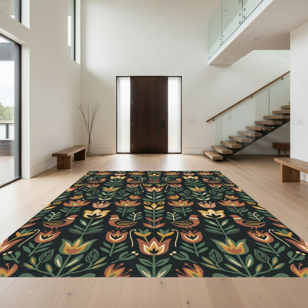 Folk Art Floral Birds On Black Rug