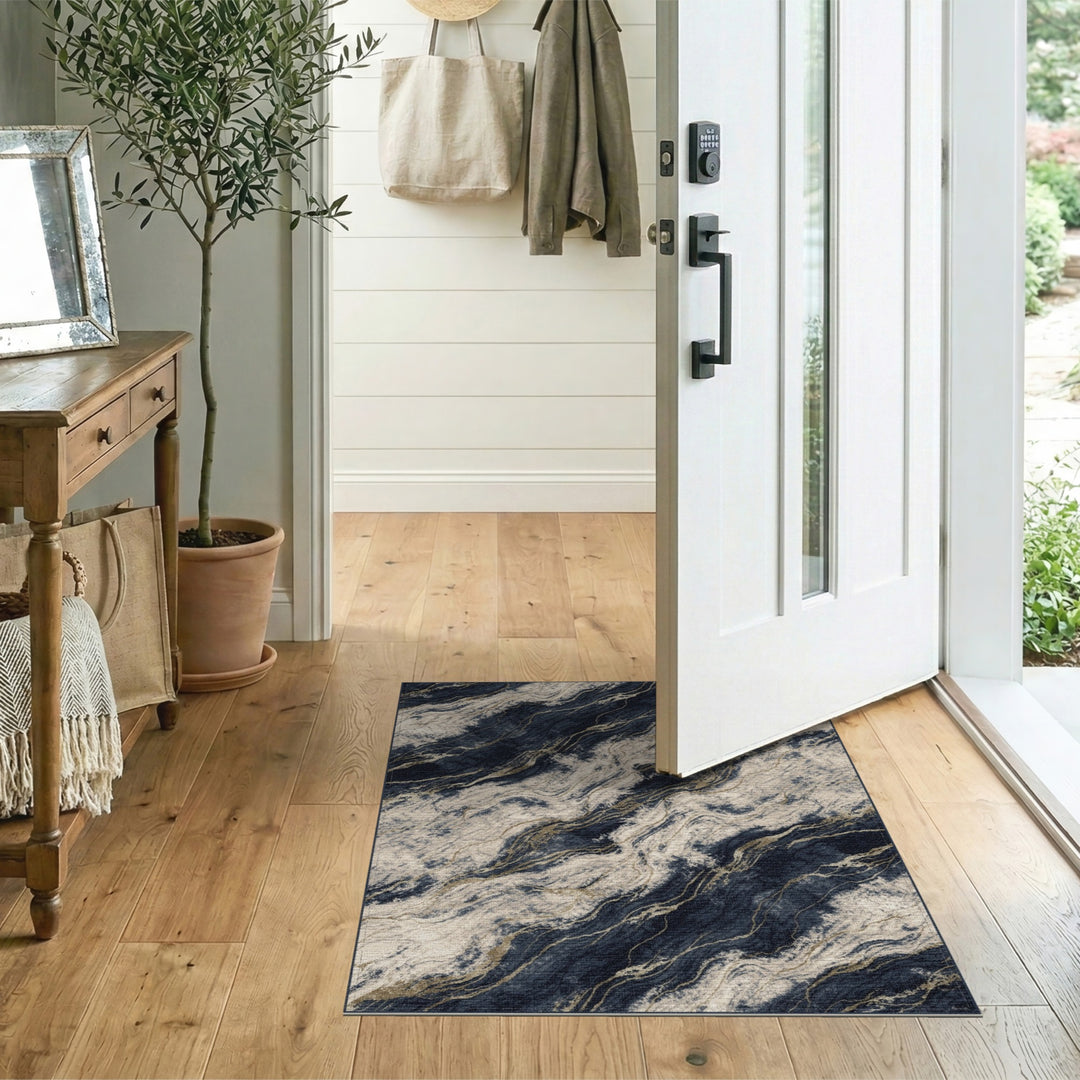 Navy Gold Marble Abstract Area Rug