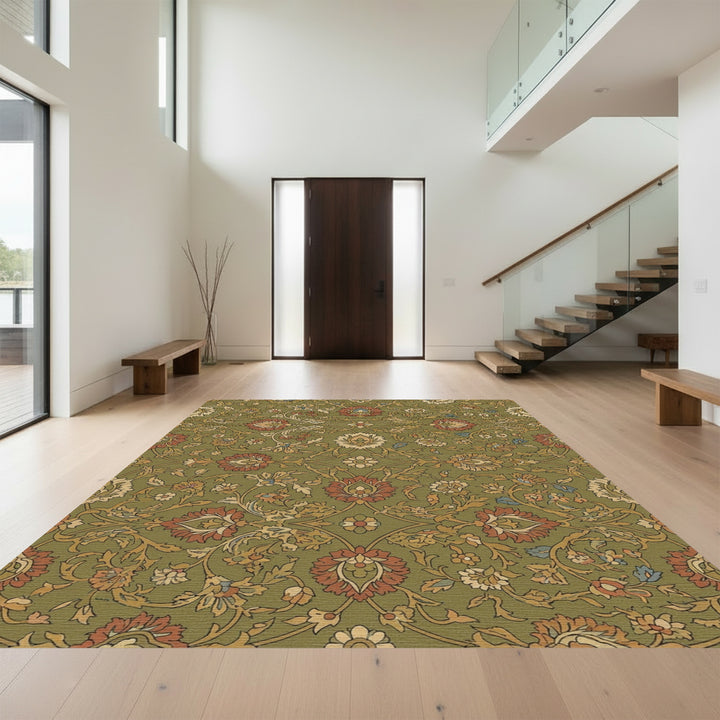 Traditional Olive Floral Lattice Rug