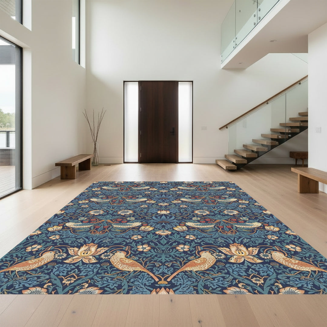 Indigo Blue Vintage Bird Strawberry Garden Rug