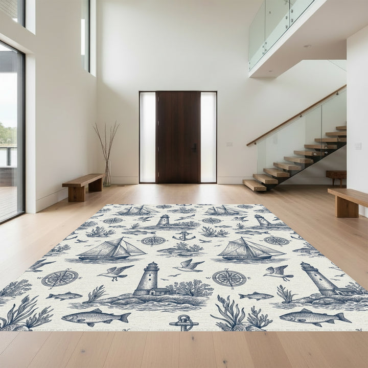 Blue Sailboat Lighthouse Nautical Scene Rug