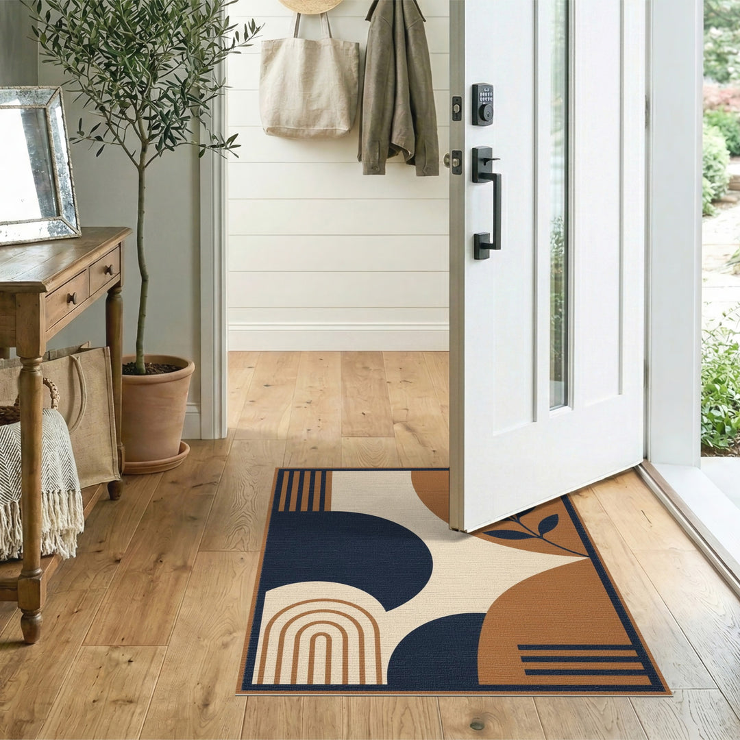 Navy and Brown Geometric Area Rug with Leaf Accent