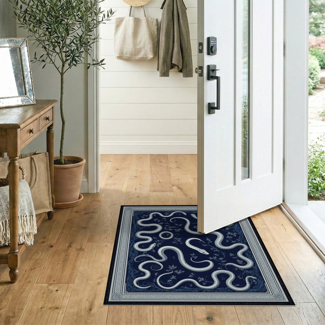 Silver Serpents Navy Blue Area Rug
