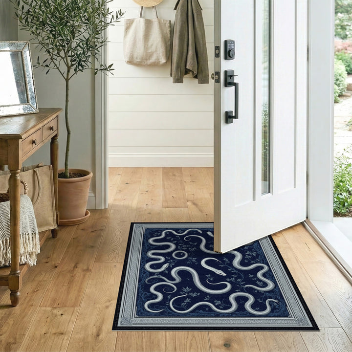 Silver Serpents Navy Blue Area Rug