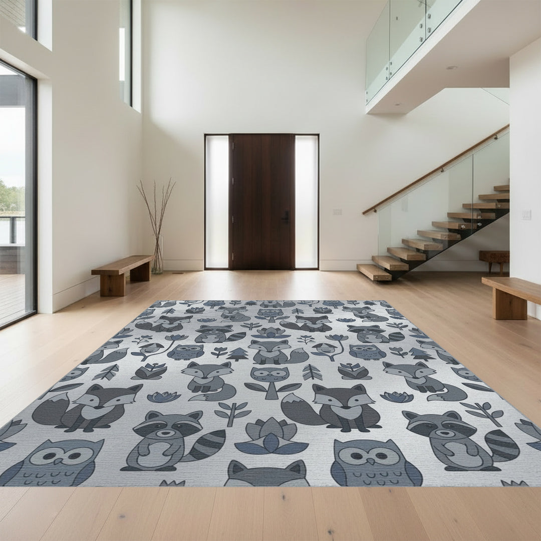 Gray Woodland Creatures Owl Fox Raccoon Rug