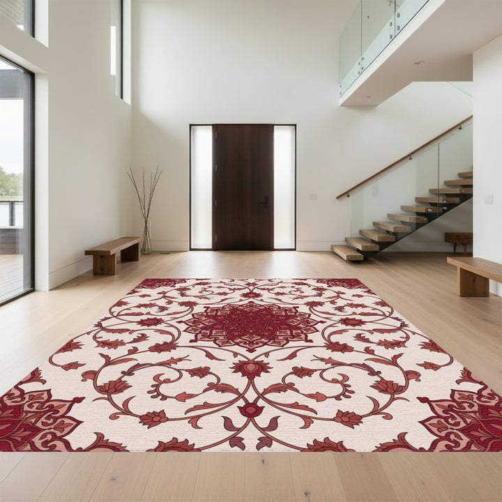 Deep Crimson Floral Mandala Medallion Rug