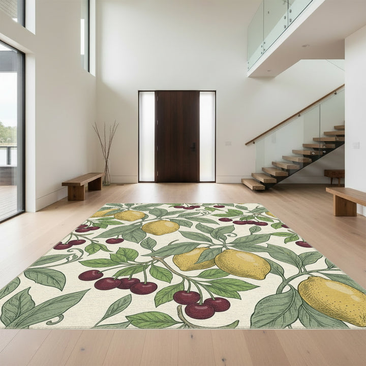 Yellow Lemon Cherry Leaf Branch Rug
