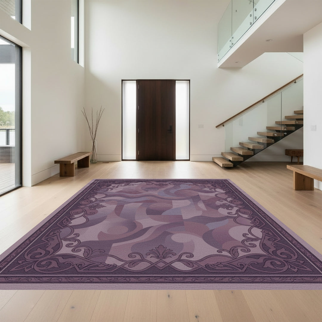 Mauve Abstract Swirl Medallion Frame Rug