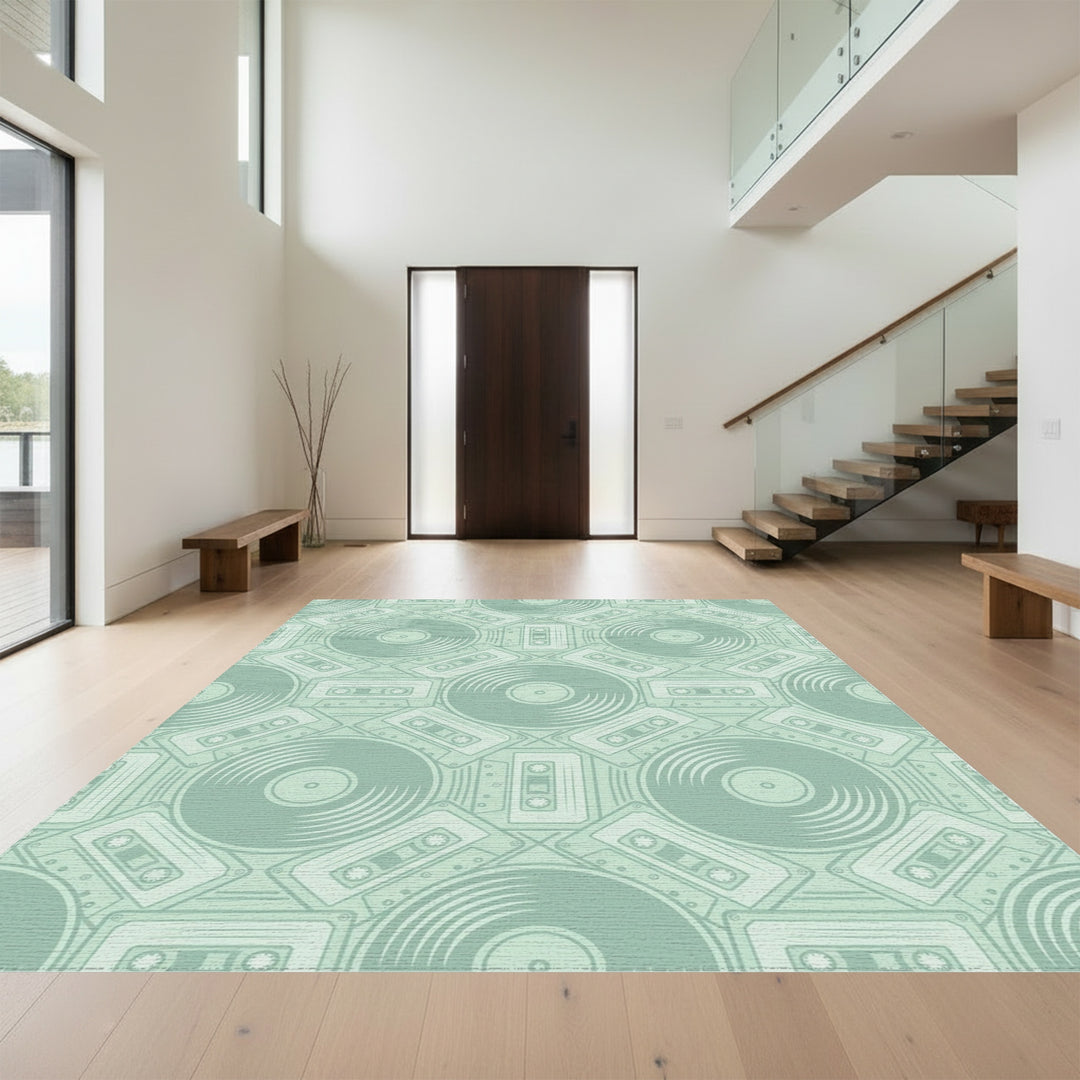 Retro Teal Vinyl Cassette Collage Rug