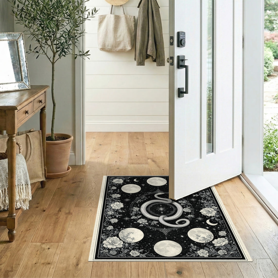 Black White Celestial Serpent Floral Rug