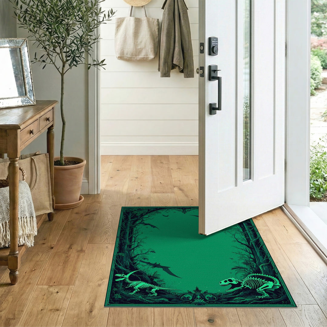 Green Dinosaur Skeleton Jungle Washable Area Rug