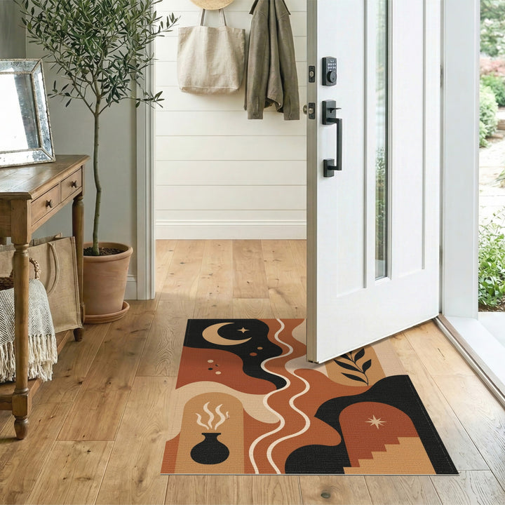 Boho Chic Brown Tan Area Rug with Moon and Arch