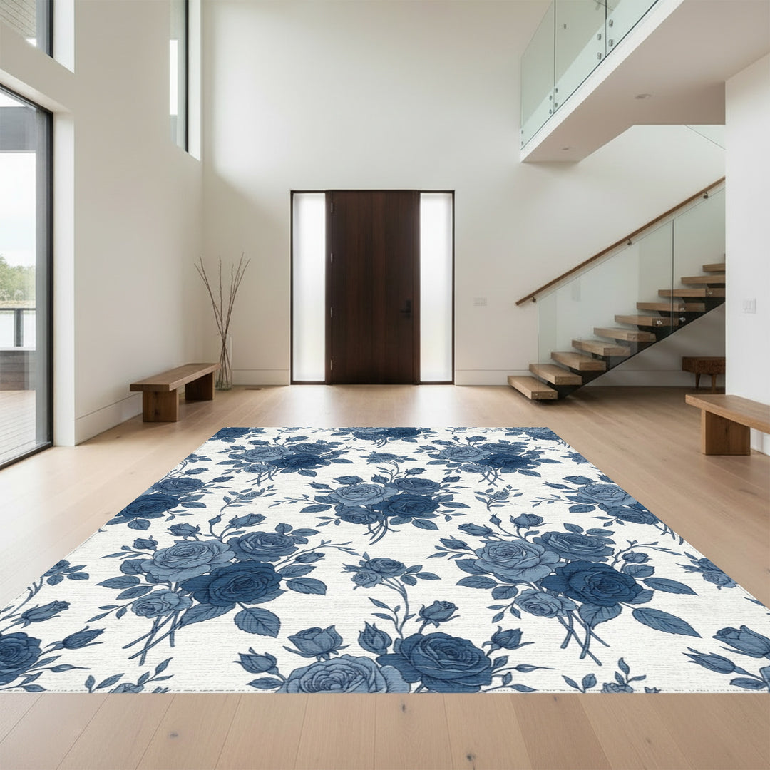 Indigo Blue Rose Bouquet Vintage Rug