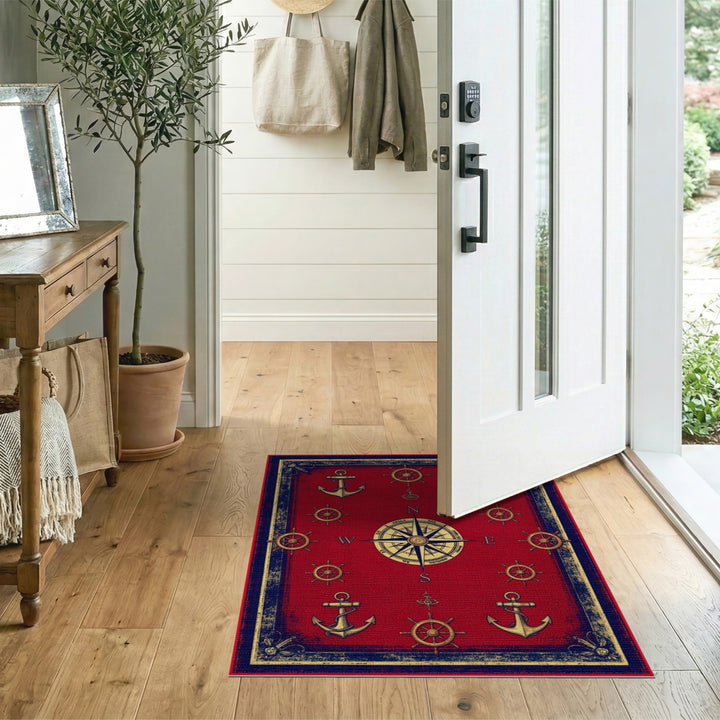 Red Nautical Compass Anchor Vintage Area Rug