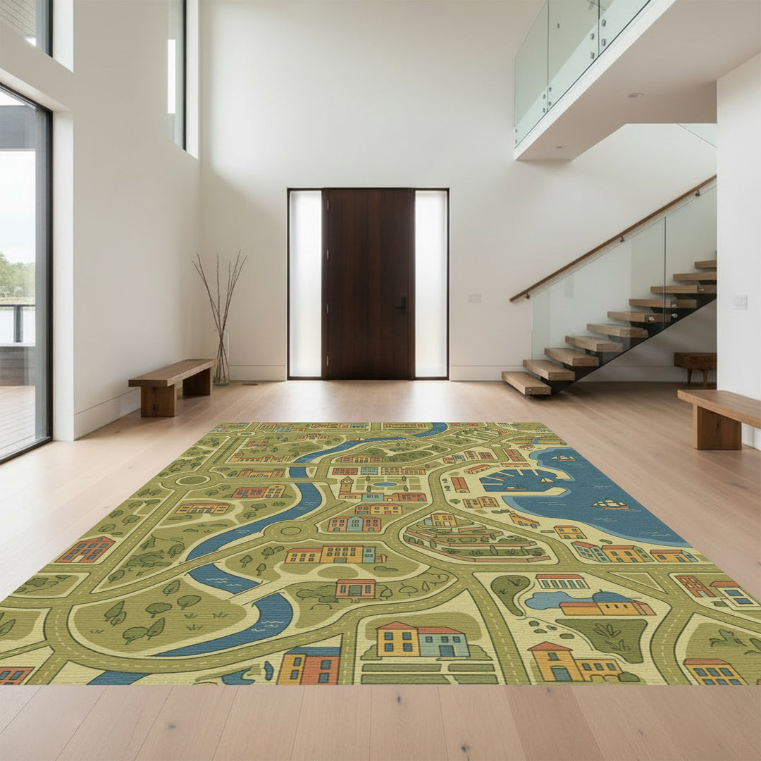 Whimsical Cityscape Map Buildings Rug