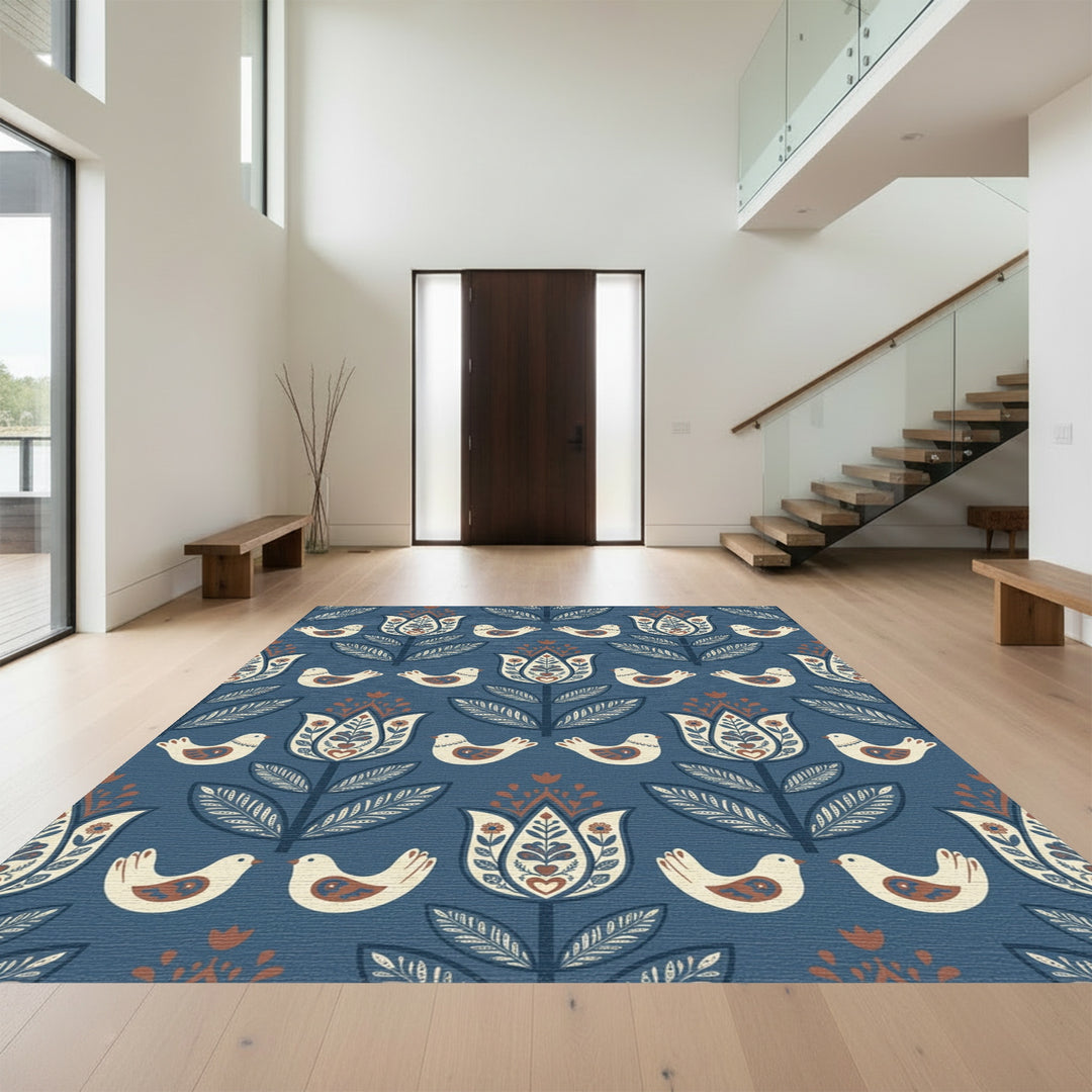 Dark Blue Folk Art Floral Bird Rug
