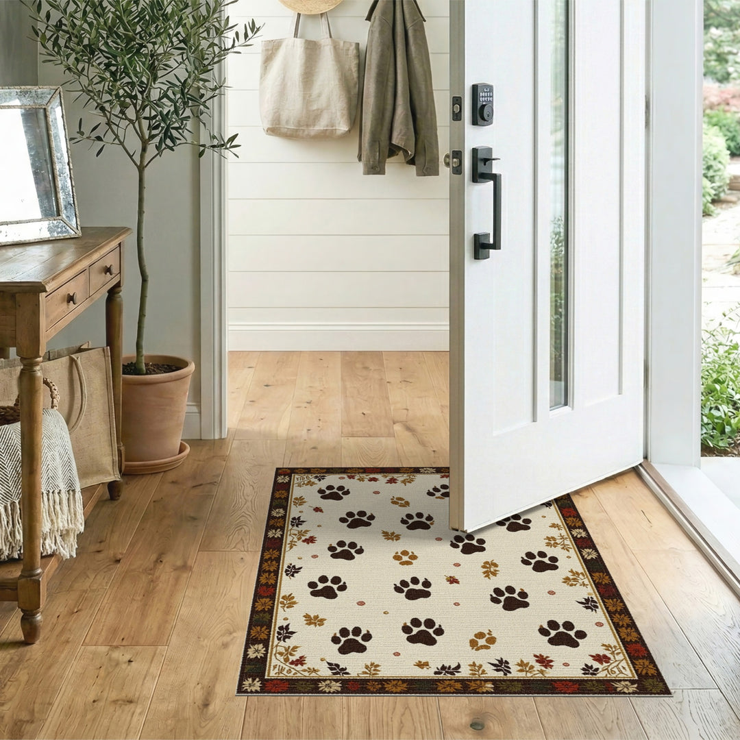 Beige Paw Print Area Rug with Autumn Leaf Border