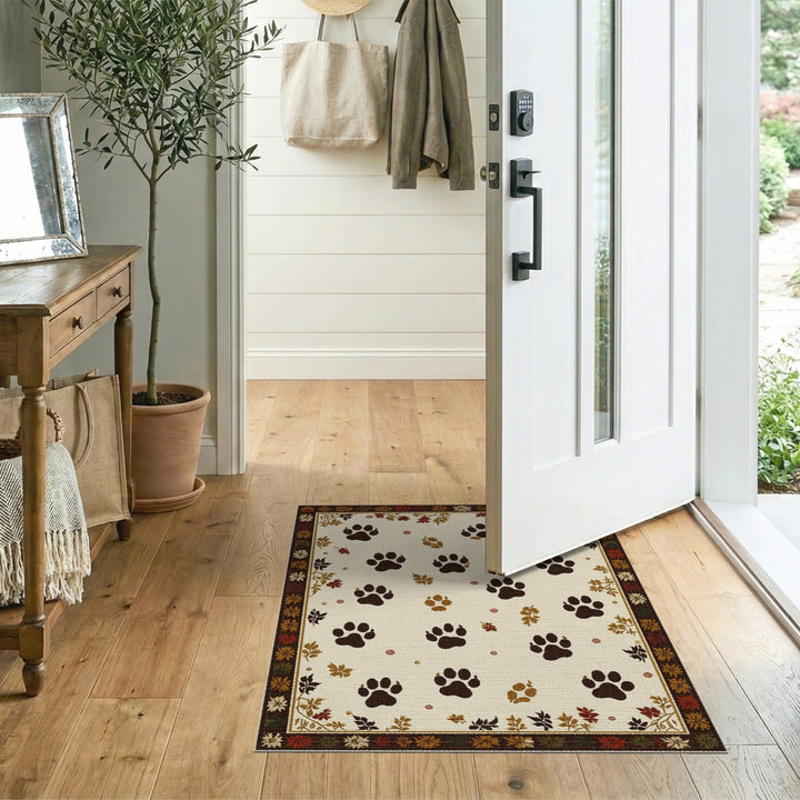 Beige Paw Print Area Rug with Autumn Leaf Border
