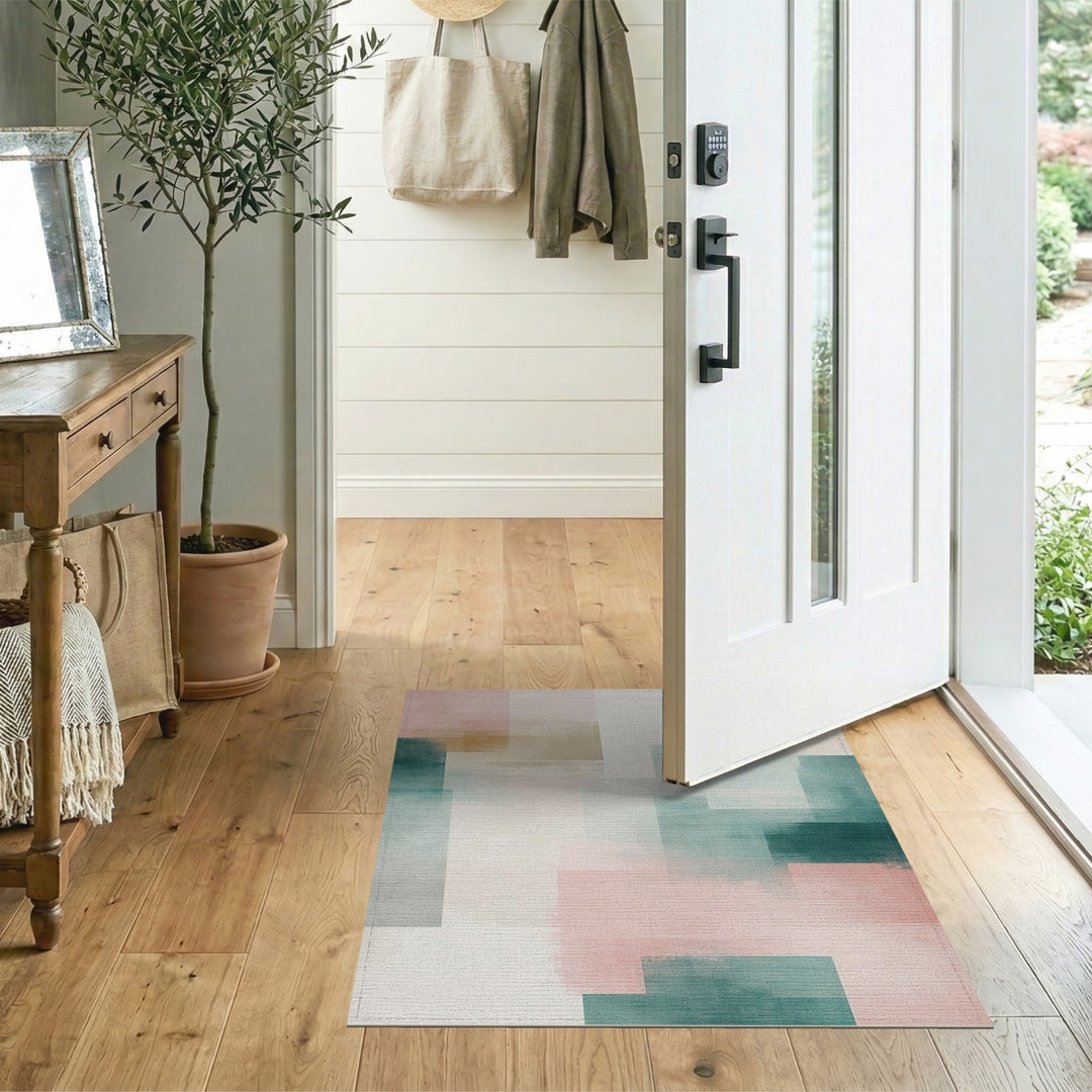 Blush Pink Teal Geometric Area Rug