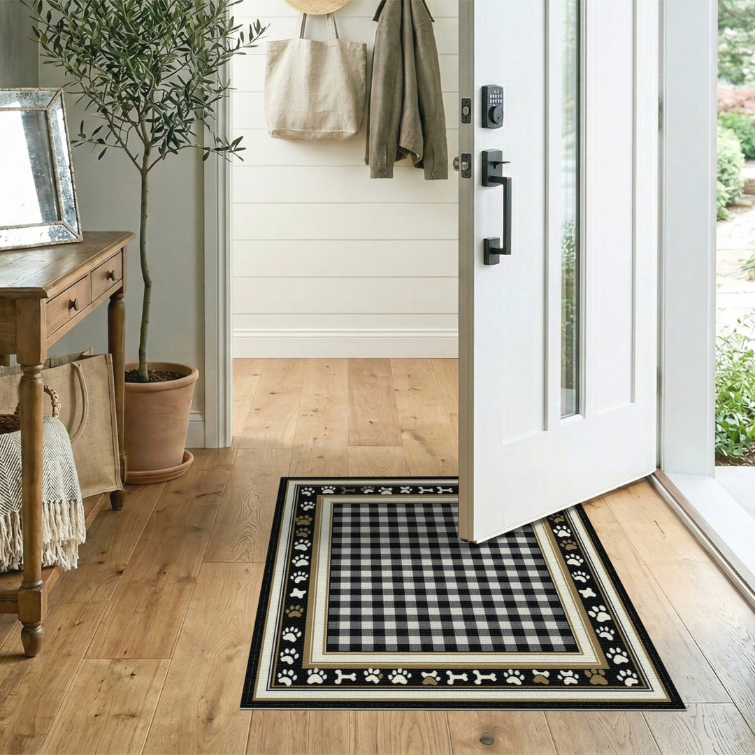 Black White Checkered Paw Print Area Rug