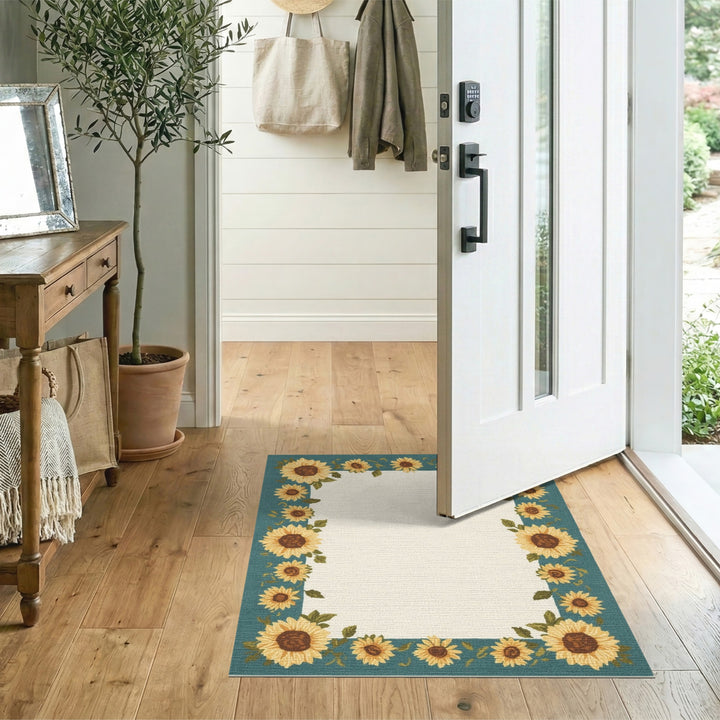 Sunflower Teal Border Area Rug