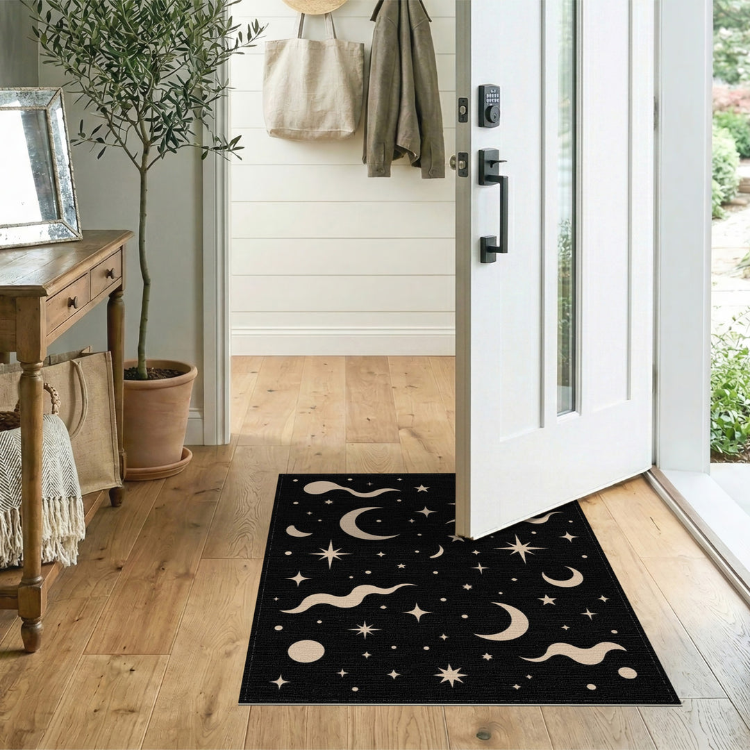 Celestial Black Boho Area Rug with Moons