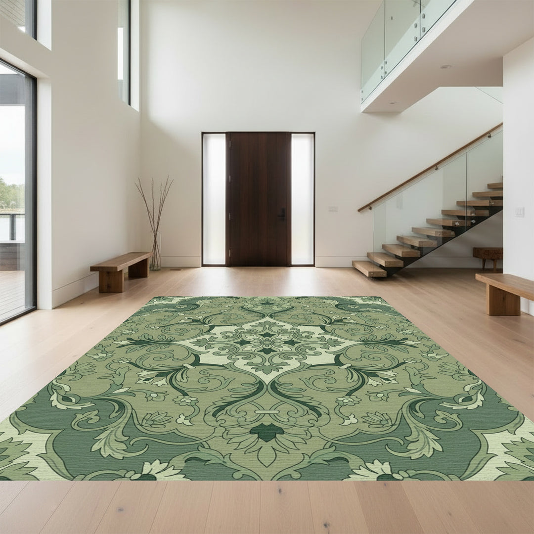 Sage Green Floral Scroll Medallion Rug
