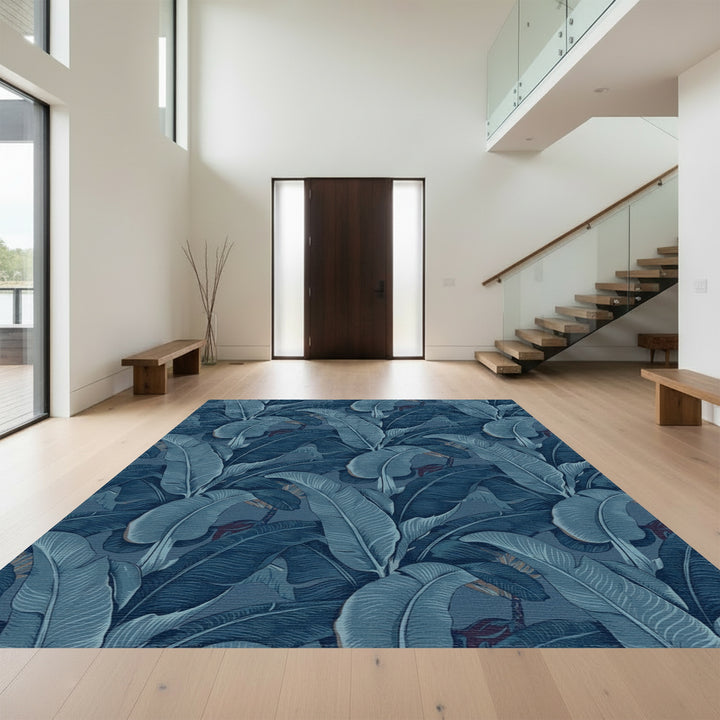 Deep Blue Banana Leaf Botanical Rug