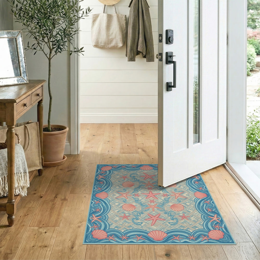 Coastal Blue Starfish Seashell Washable Area Rug