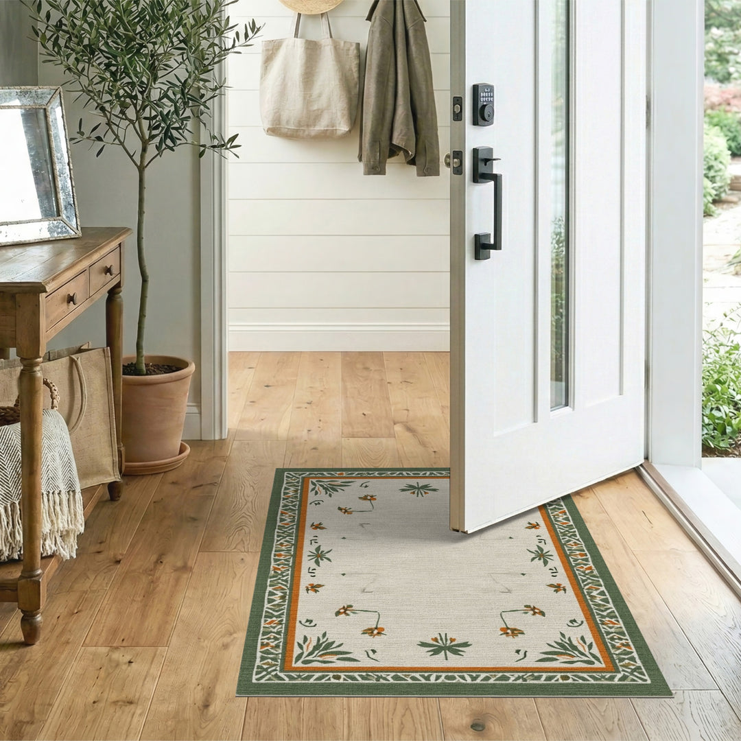 Floral Vintage Beige Area Rug with Green Border