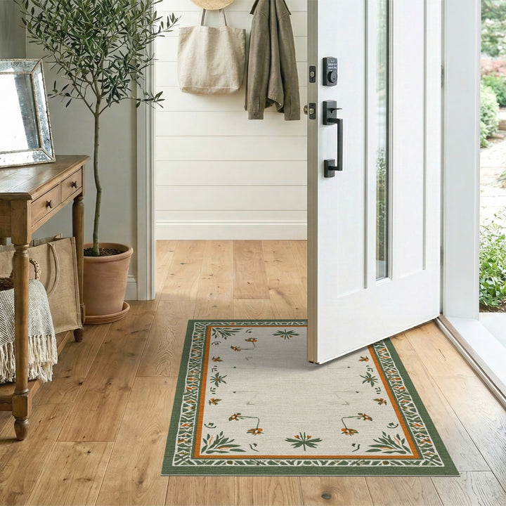 Floral Vintage Beige Area Rug with Green Border