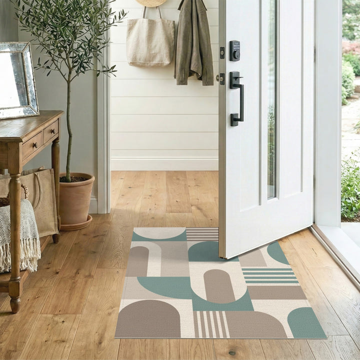 Geometric Beige Teal Area Rug