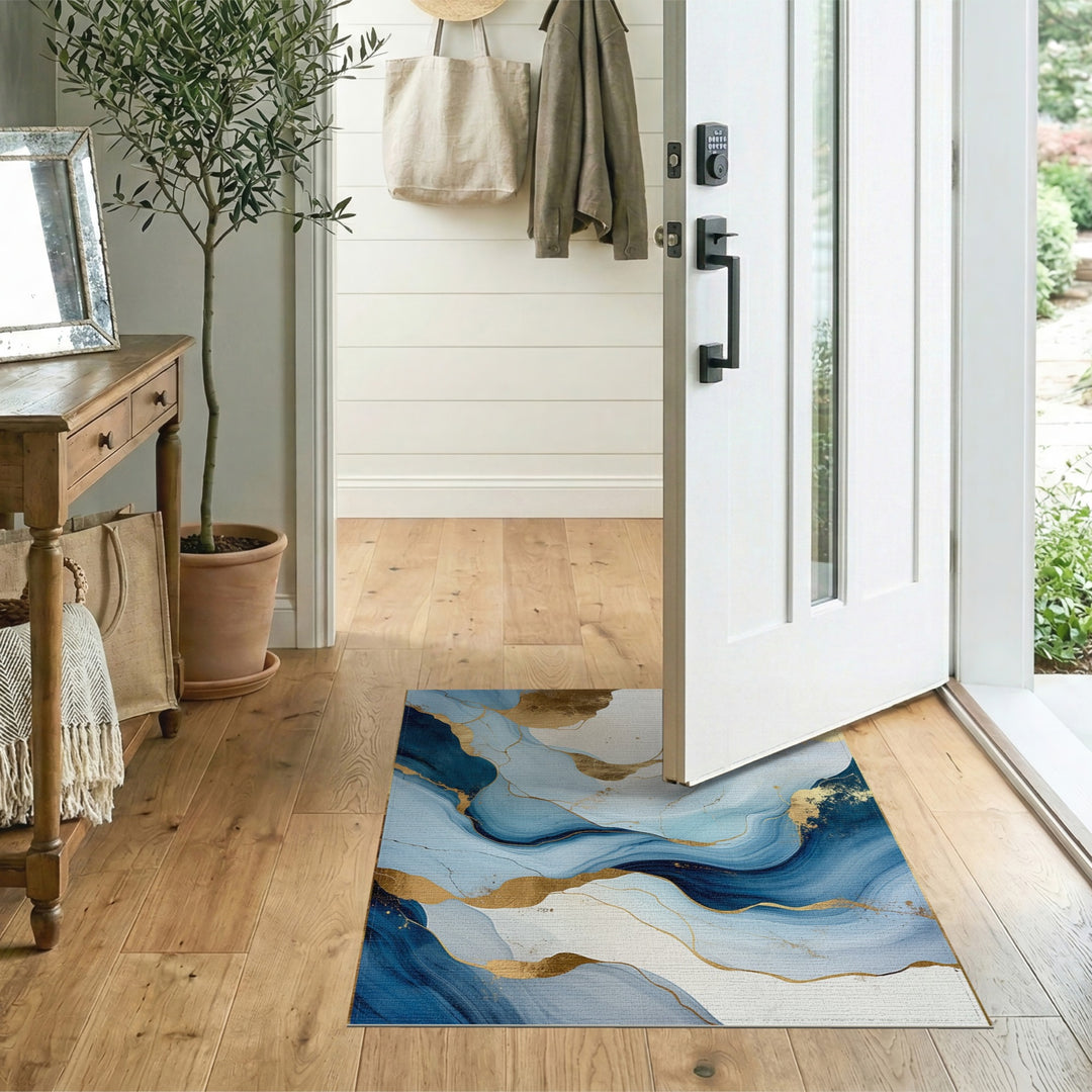 Blue Gold Abstract Flow Area Rug