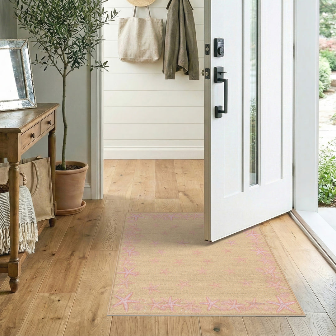 Pink Starfish Beige Coastal Area Rug